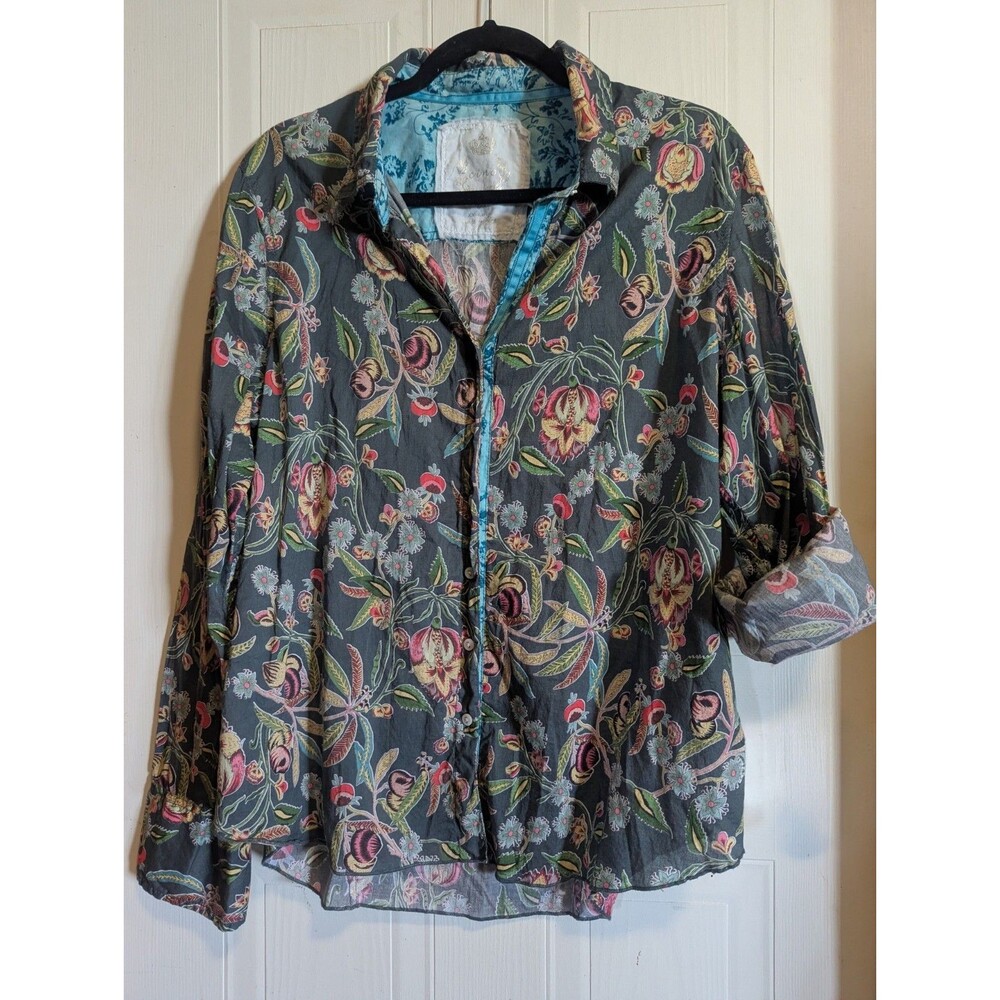 Cino Gray Multicolor Floral Collared Button-Up Shirt Women's XXL $152+ Retail